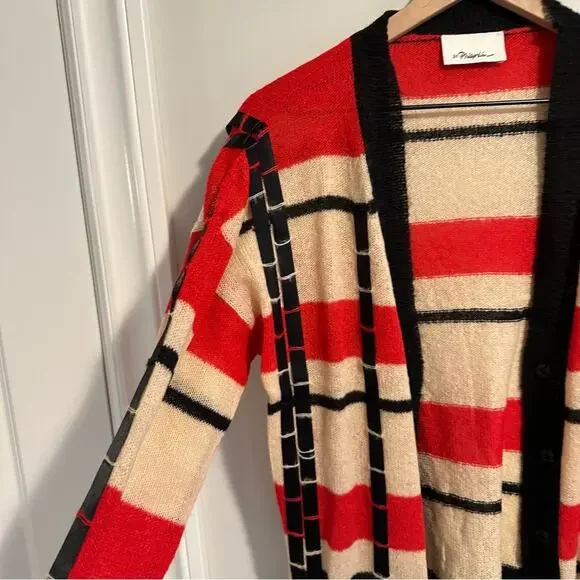 3.1 Phillip Lim Red Black Ribbon Mohair Cardigan Sweater Medium